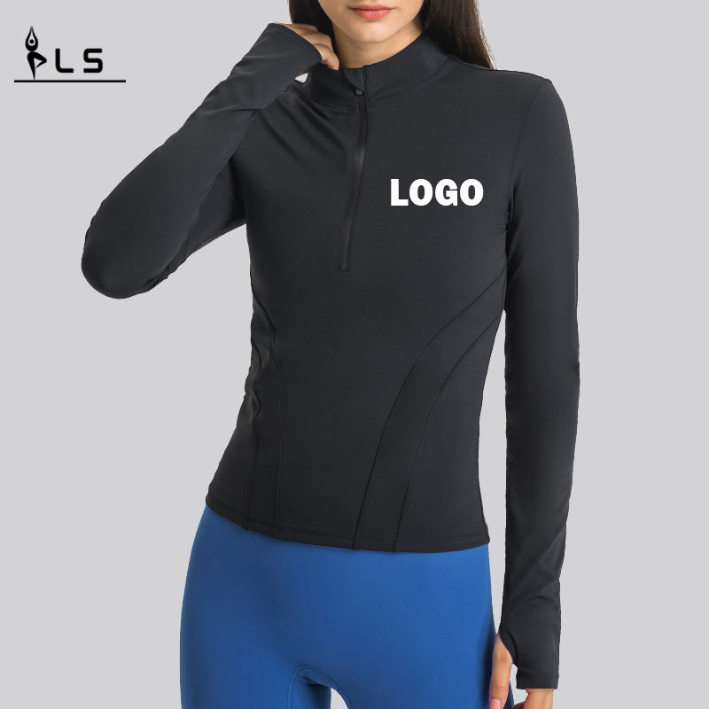 SC10268 Camiseta de camisa de gimnasia de manga larga de yoga Camiseta de gimnasio Entrenamiento de gimnasio Sport Spand Collar Medio Zip Sport Thish For Women