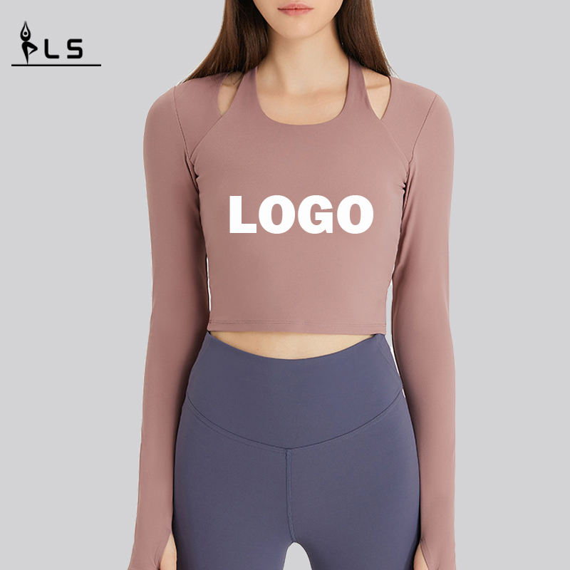SC10273 Logotipo personalizado Tamisas de yoga Fitness Correr camisetas de cuello redondo Camisa Mujer Camisa de deportes de manga larga para mujeres